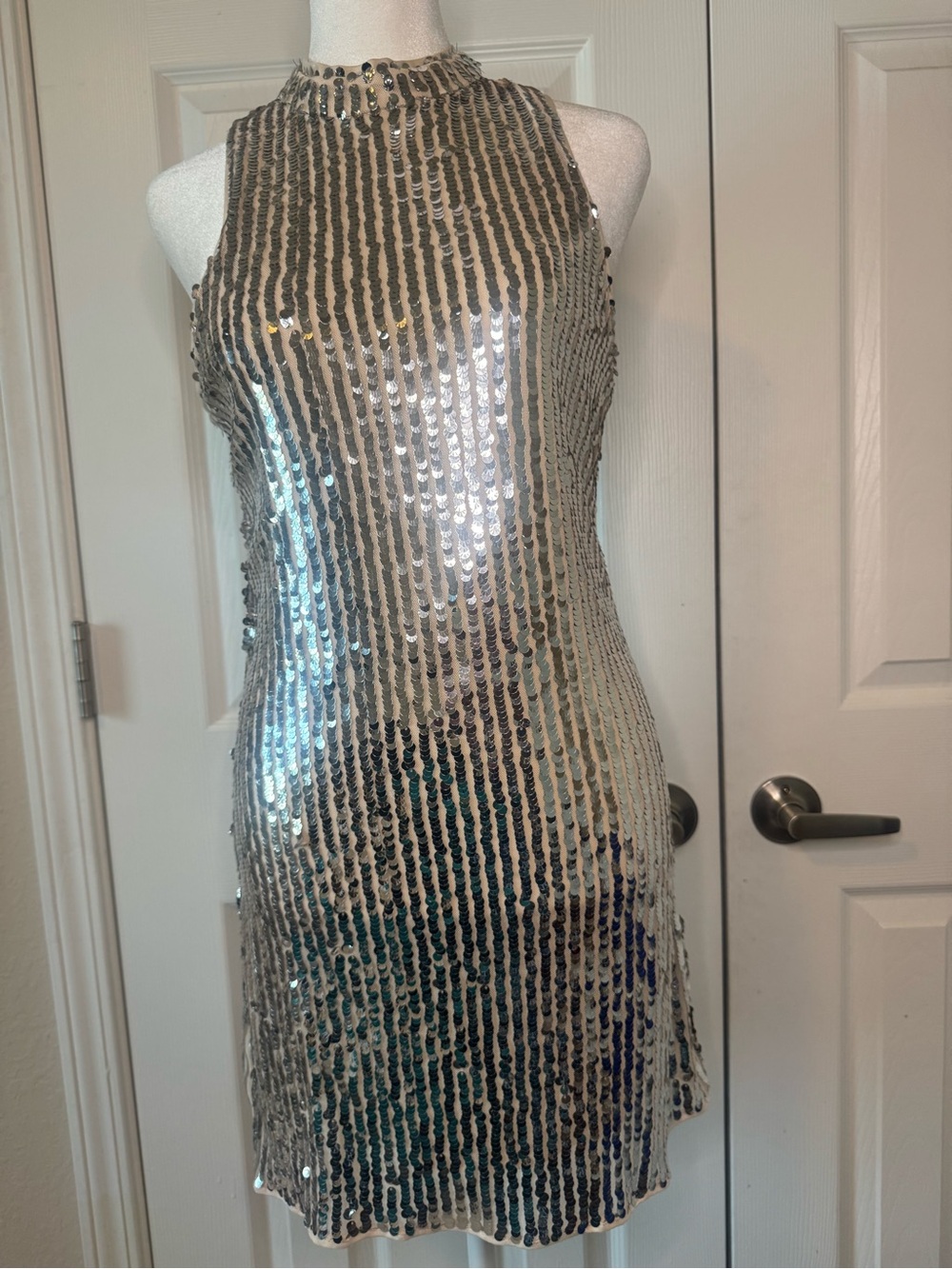 Mademli Boutique NWT Silver Sequin Mini Dress Size Small Nude Mesh Lining - Picture 3 of 9